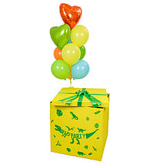Коробка желтая с зеленой надписью Dino Party и декором листики и динозавры, связка: сердце лайм и оранжевое, 2