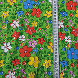 Ситець квіти червоні, блакитні, жовті на зеленому, ширина 80 см, фото 3