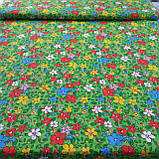 Ситець квіти червоні, блакитні, жовті на зеленому, ширина 80 см, фото 2