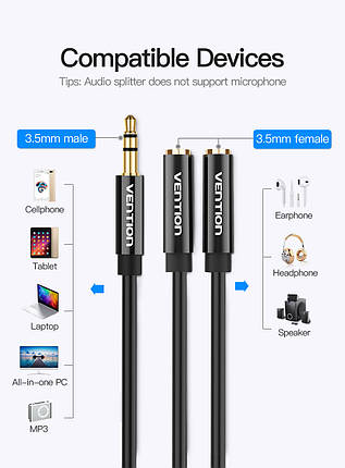 Кабель Audio 3.5 мм-3.5 мм Vention F/2xM TPE Jaket headset+earphone 0.3 m Black (BBSBY), фото 3