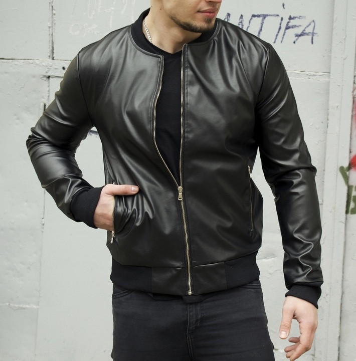 Бомбер чоловічий шкіряний чорний класичний. Фото в живу, фото 1