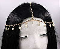 Цепочка на голову с кристалликами и бусинами золотистая
