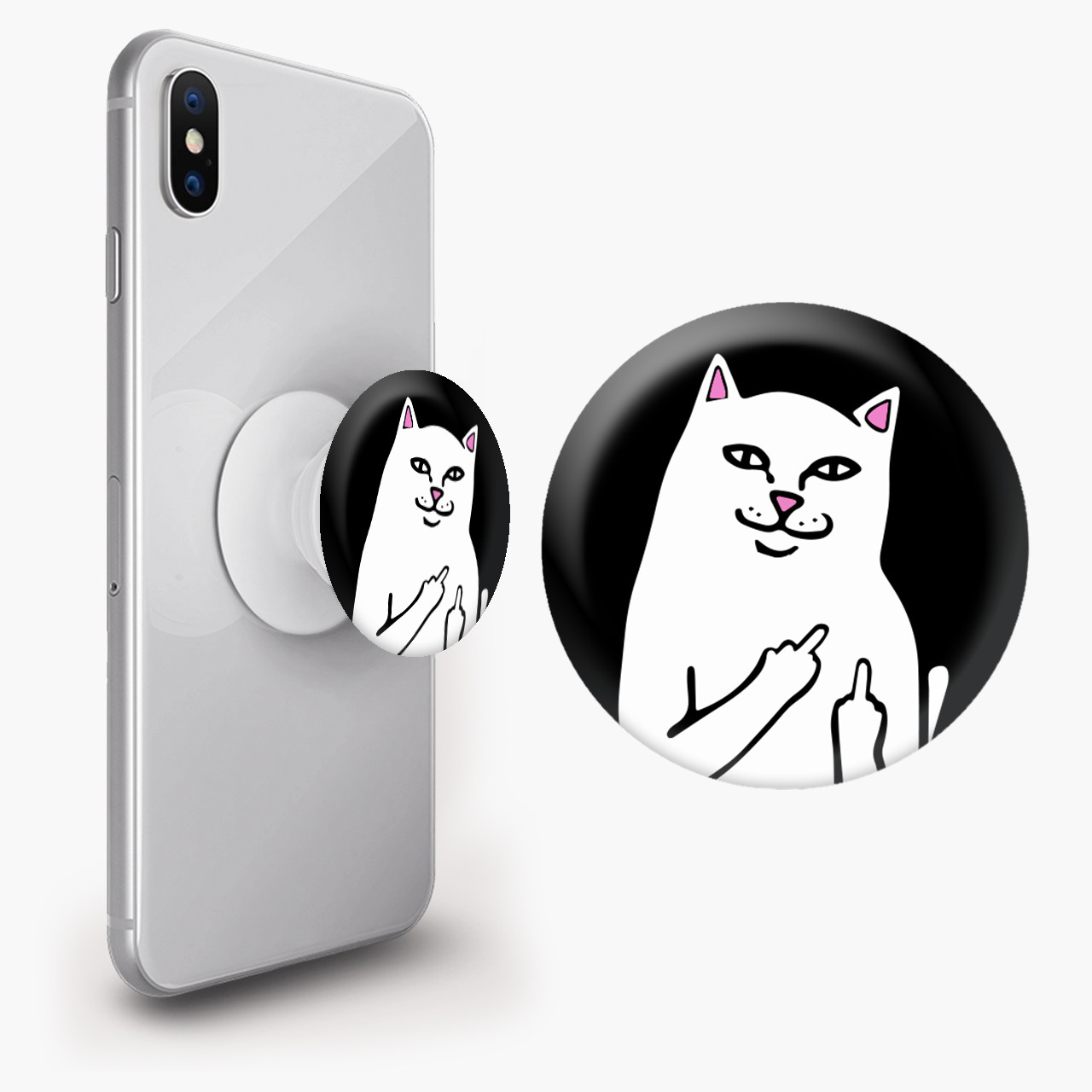 Тримач для смартфона попсокет (Popsockets)  мем Білий Кіт з пальцем (meme Cat Middle finger)