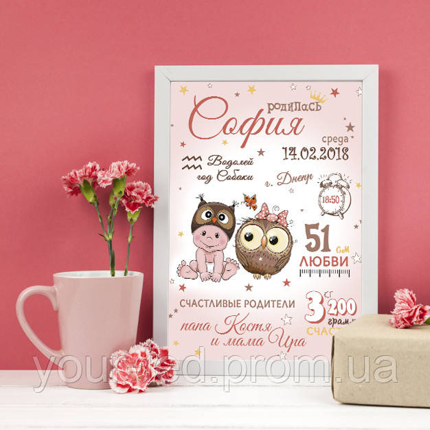 Дитяча метрика - Сова А4 (плакат/постер без рамки), фото 1