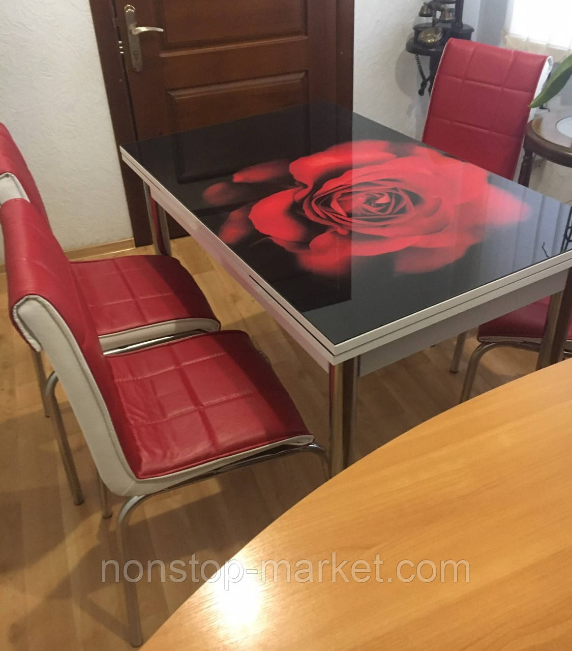 Розкладний стіл обідній кухонний комплект стіл і стільці 3D малюнок 3д "Червона троянда" ДСП скло 70*110 Лотос-М