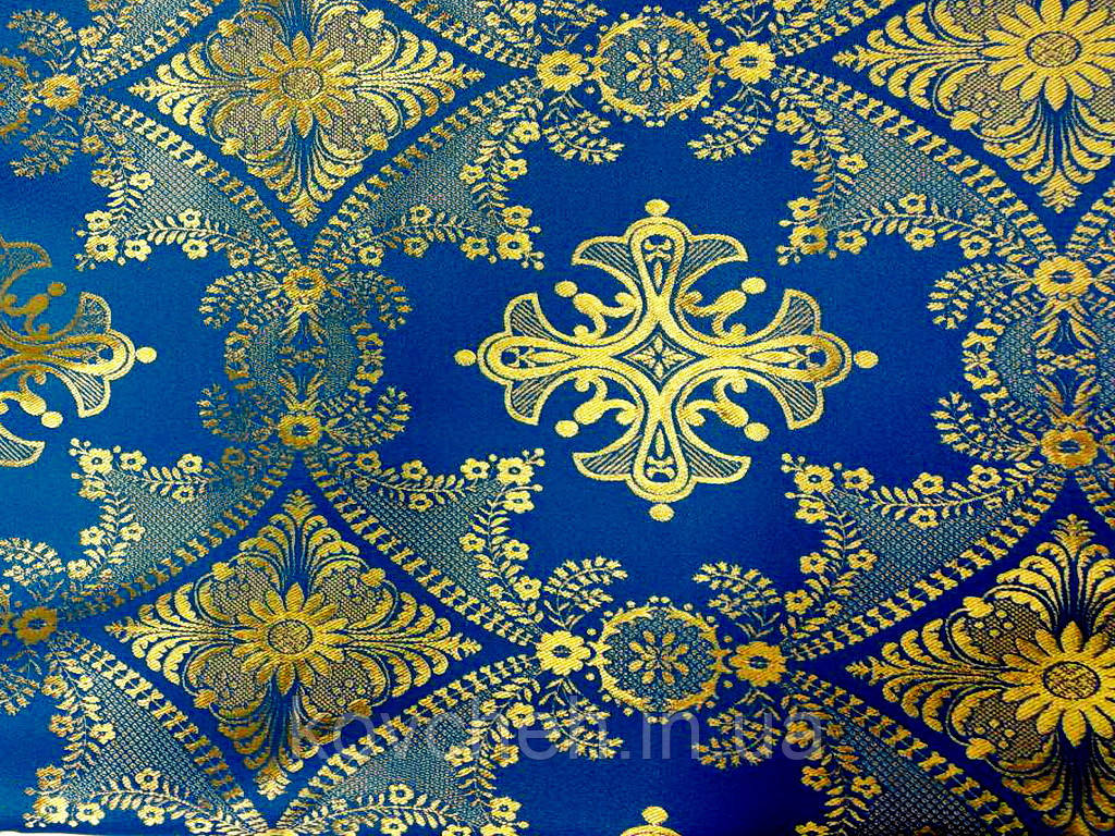 Шовкова церковна тканина Олександрійський хрест синій з золотом
