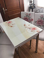 Раскладной стол обеденный кухонный комплект стол и стулья рисунок 3д "Кремовая роза" ДСП стекло 70*110 Лотос-М