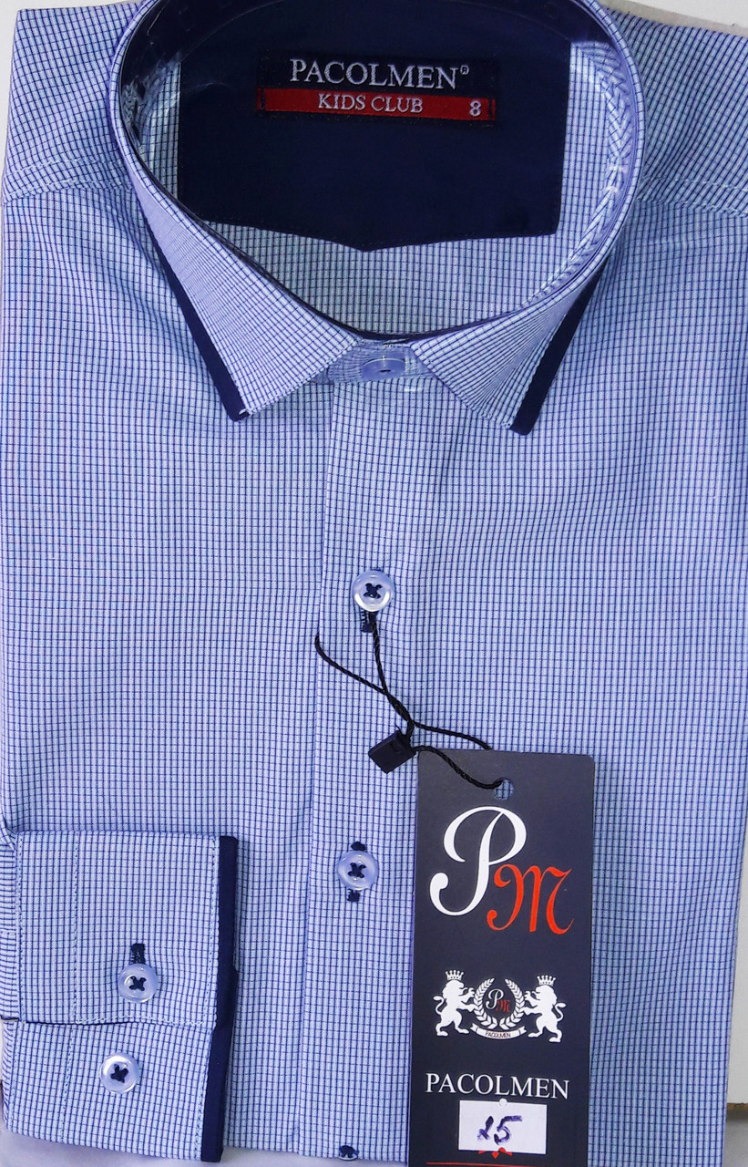 Сорочка дитяча з довгим рукавом dd-0025 Pacolmen блакитна приталені в клітку