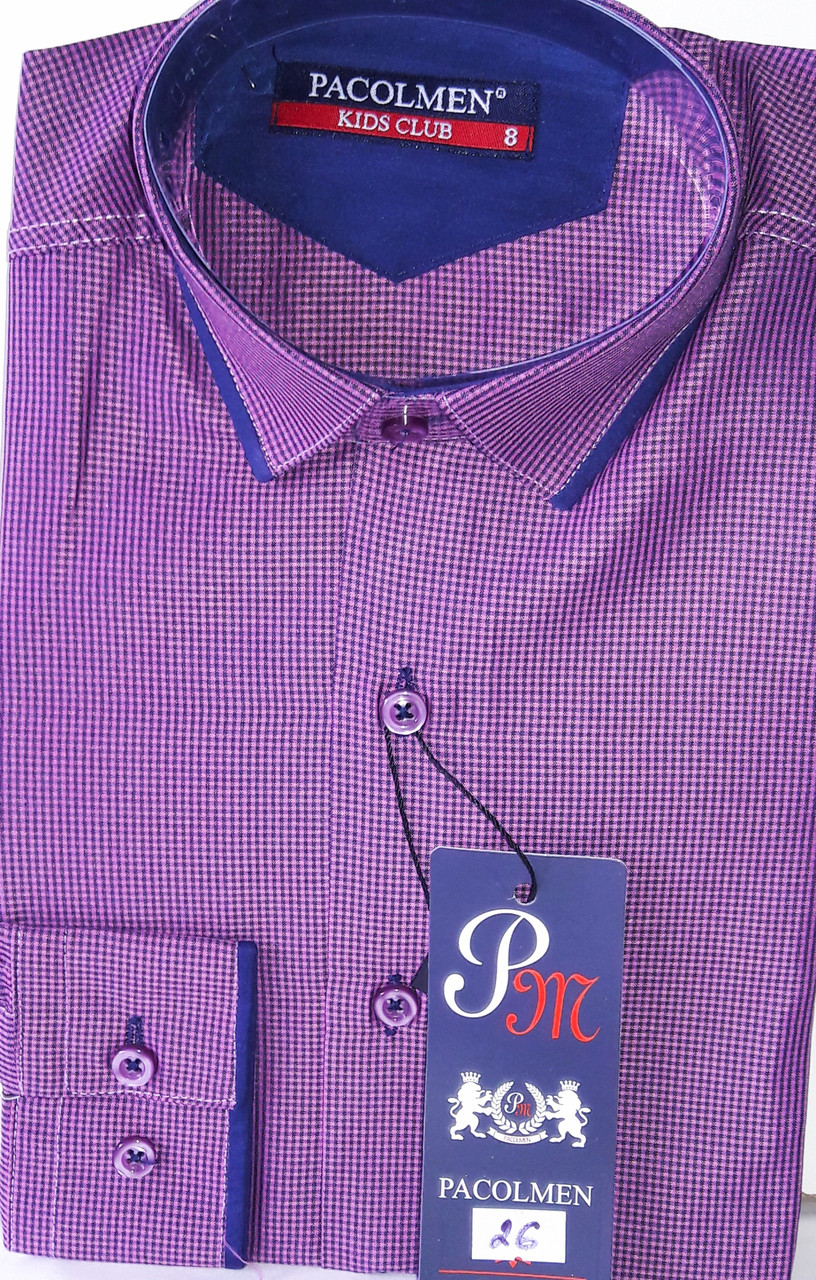 Сорочка дитяча з довгим рукавом dd-0026 Pacolmen бузкова приталені в клітку