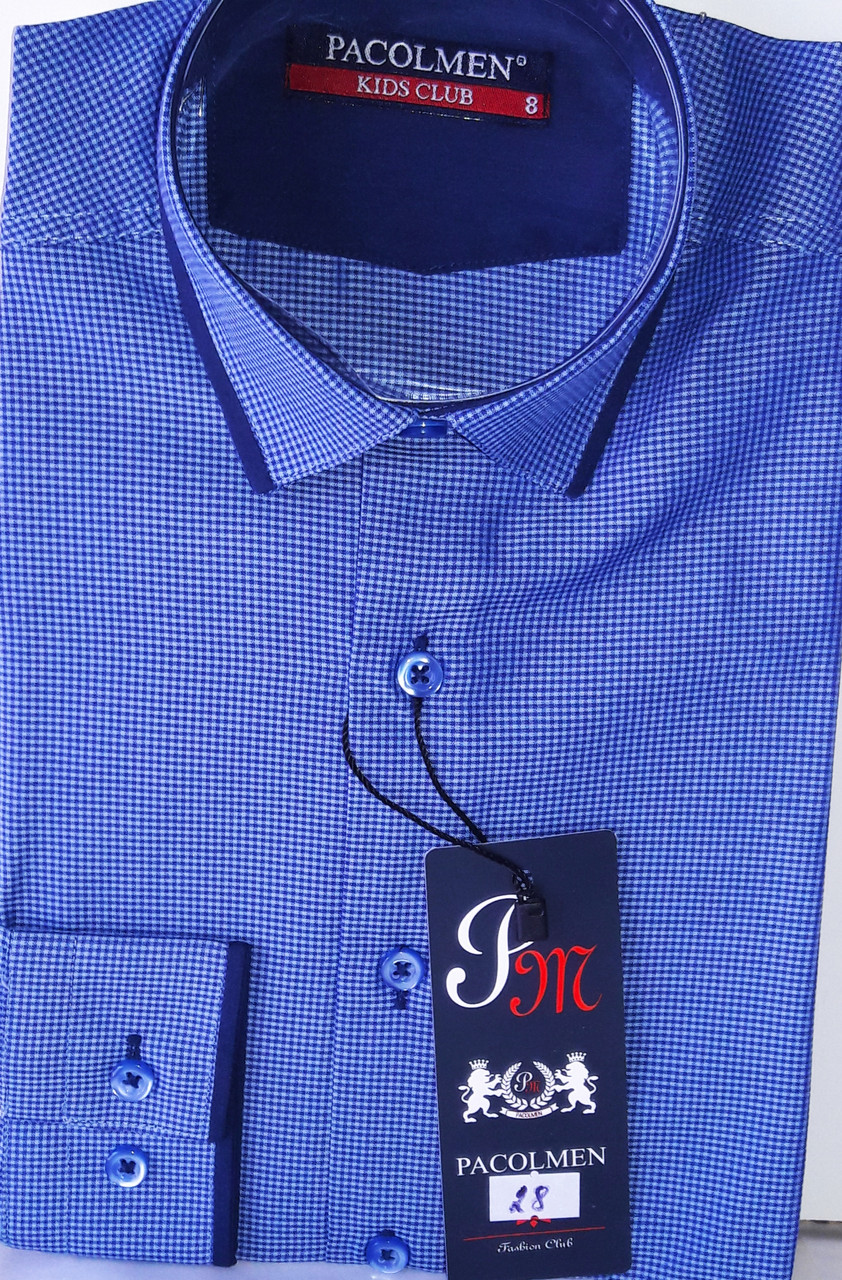 Сорочка дитяча з довгим рукавом dd-0028 Pacolmen синя приталені в клітку