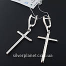 Срібні сережки підвіски висячі. Сережки хрестики без каменів срібло 925 - покриття родій., фото 6