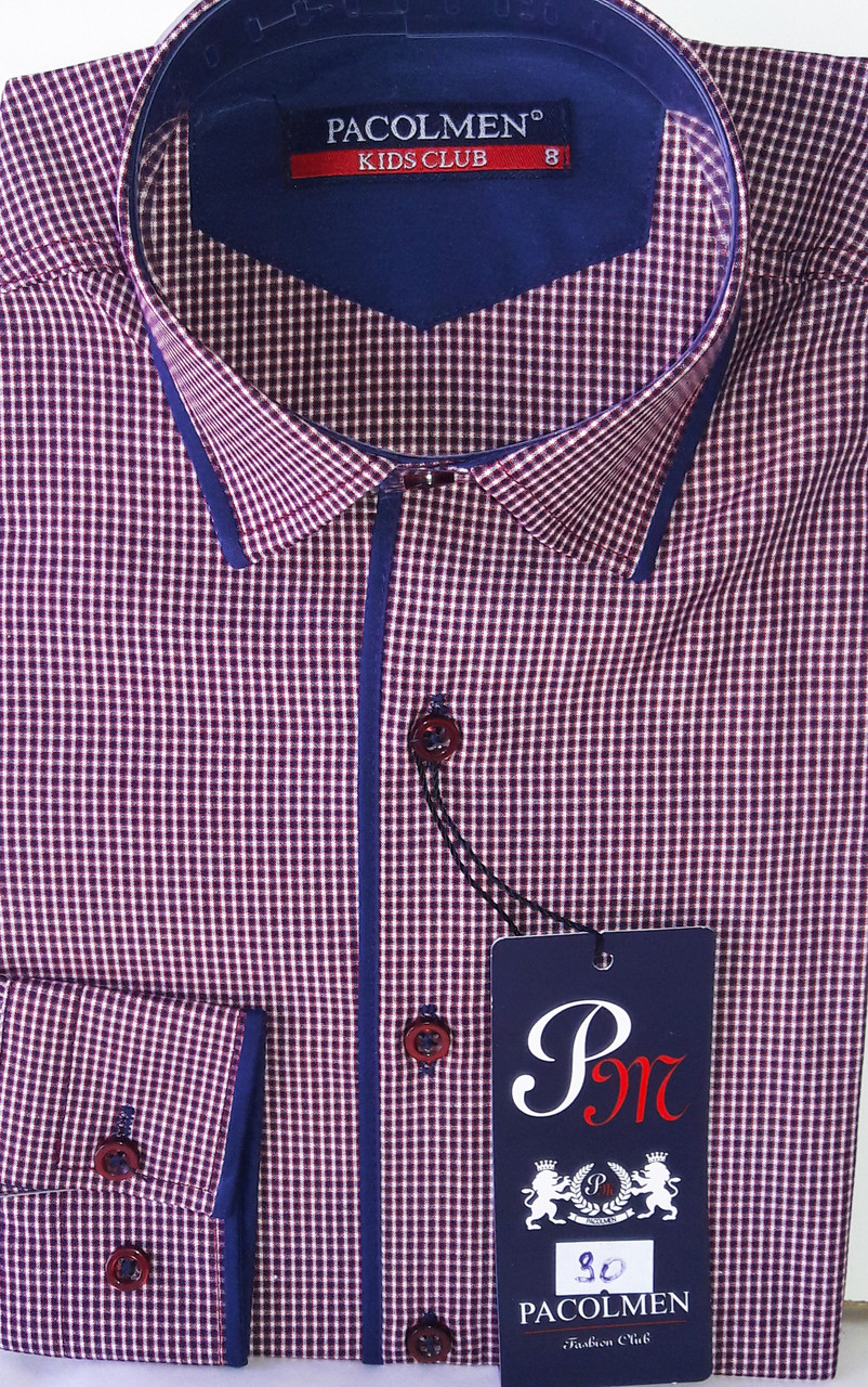 Сорочка дитяча з довгим рукавом dd-0030 Pacolmen бордова приталені в клітку