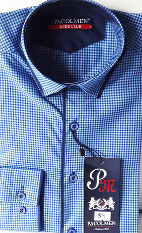 Сорочка дитяча з довгим рукавом dd-0033 Pacolmen синя приталені в клітку, фото 1