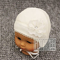 Детская велюровая шапочка 36 0-1 мес с завязками для новорожденного с подкладкой ТМ Мамина мода 3547 Белый