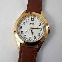Часы механические мужские наручные классические на ремешке золотистые с белым циферблатом Luch Луч 126