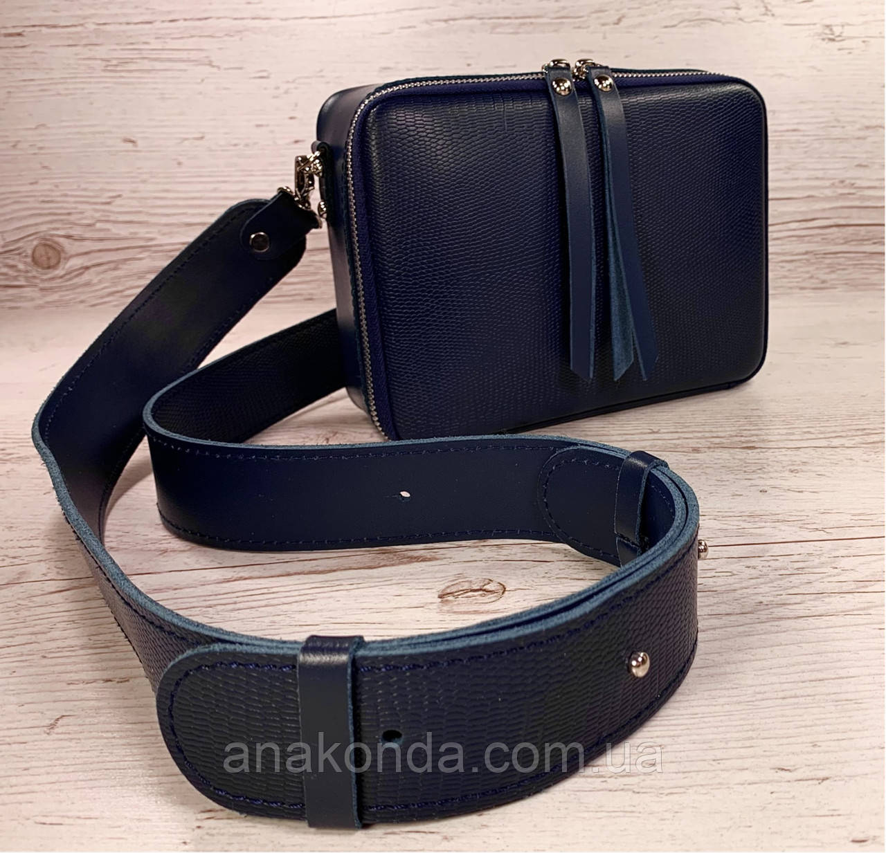 64-р Натуральна шкіра Синя сумка жіноча Шкіряна сумка через плече з широким ременем Сумка крос-боді шкіряна синя