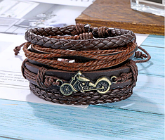 Широкий чоловічий шкіряний браслет мото