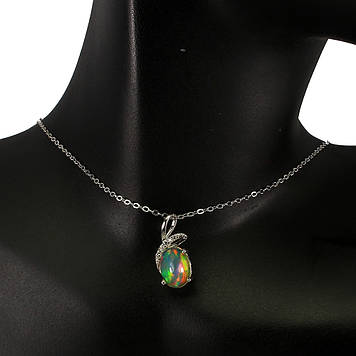 Срібний кулон натуральний природний опал 9.0 X 7.0 MM (Ефіопія). Покриття 14 к золото + ланцюжок у подарунок