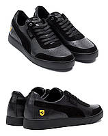 Мужские кожаные кроссовки Puma (Пума) Ferrari Black, мужские туфли черные, кеды повседневные. Мужская обувь