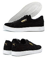 Мужские кожаные кроссовки Puma (Пума) Smash Suede Black, туфли черные, кеды повседневные. Мужская обувь