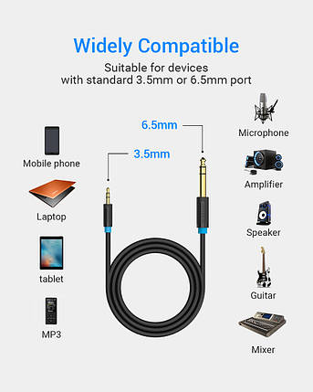 Кабель Audio 6.35 мм-3.5мм Vention F/F PVC Shell gold-plated 1 m Black (BABBF), фото 2