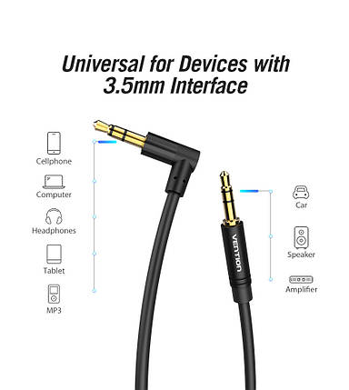 Кабель Audio 3.5 мм Aux-3.5 мм Vention M/M 90° Градусів gold-plated 0.5 m Black (BAKBD-T), фото 3
