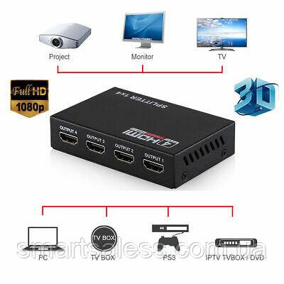 Активний HDMI-сплітер розгалужувач 1 вхід на 4 порти екрана 2K 4K Splitter 1x4. Сплітер HDMI 1×4.