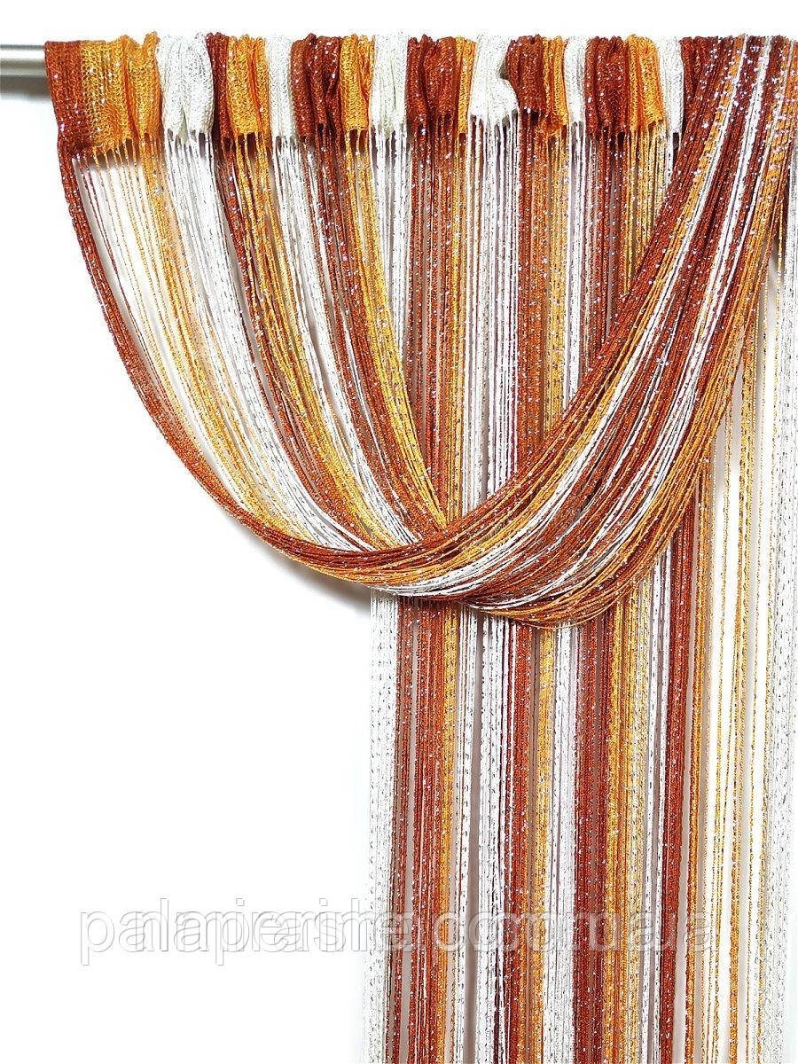Шторы нити Радуга Дождь кисея 3х3м Белый Терракотовый Оранжевый с люрексом - фото 2 - id-p1385996463