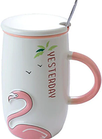 Чашка с крышкой и ложкой "Фламинго" 450 мл