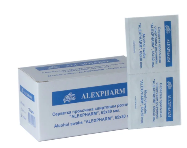 Спиртові серветки Alexpharm 65 х 30 мм (уп 100 шт.), фото 1
