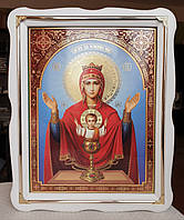 Икона Неупиваемая Чаша Богородица в белом деревянном фигурном киоте с декоративными уголочками, размер 37*47