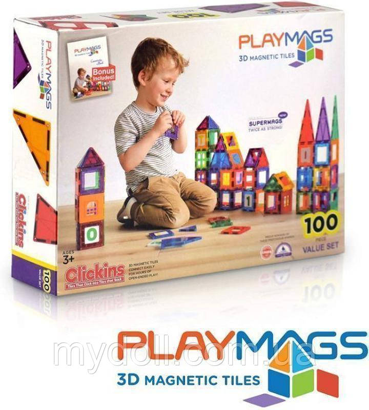 Магнітний конструктор Playmags 100 елементів Piece Colorful tile Set Оригінал