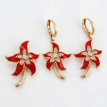 XUPING Комплект Позолота 18к квіточки з червоною емаллю, Сережки Висота 3.7см, Кулон Висота 2.9см