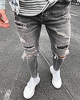 Мужские рваные джинсы серого цвета (серые) узкачи, штаны зауженные к низу весна осень Турция