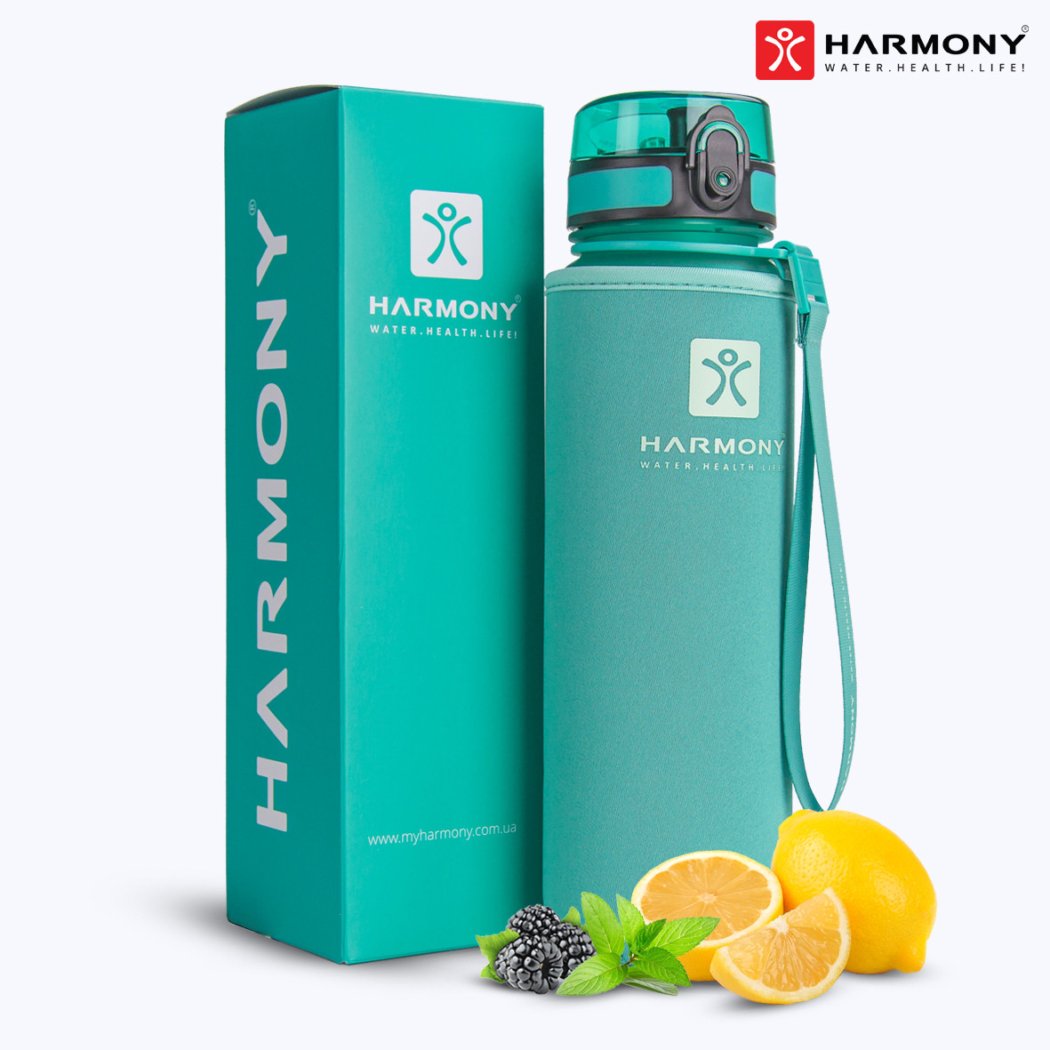 Пляшка для води Harmony Total Aqua 1 л. з контейнером для фруктів і захисним неопреновим чохлом.