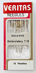 Голки для вишивання (Embroidery), № 1-5, з золотим вушком, (12 шт)