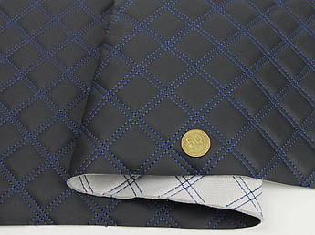 Чорний Шкірзам (прошитий синьою ниткою) для автомобілів, поролон з сіткою. «Ромб подвійний» шир 1,45 м