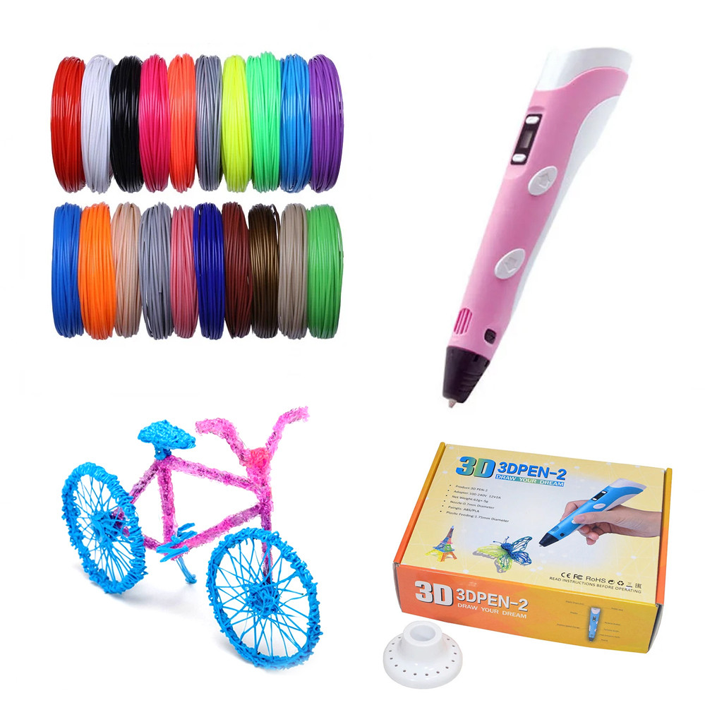 3D Ручка з пластиком 20 кольорів Набір 3Д ручка 2 покоління Pen 2 з дисплеєм LCD Рожева Для дітей, фото 1