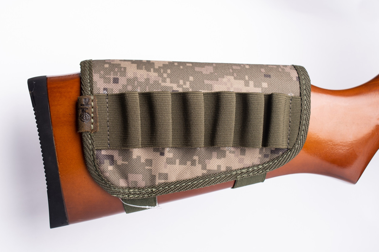Патронташ на приклад 6 патронів. камуфляж тканина Піксель 12, 16 калібр, фото 1
