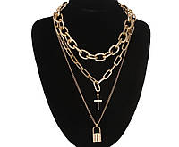 Винтажное многослойное ожерелье -цепочка с подвеской-замком и крестиком в золотом цвете