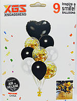 Набор воздушных шаров с конфетти Черный с фольгированным сердцем 9 шт.