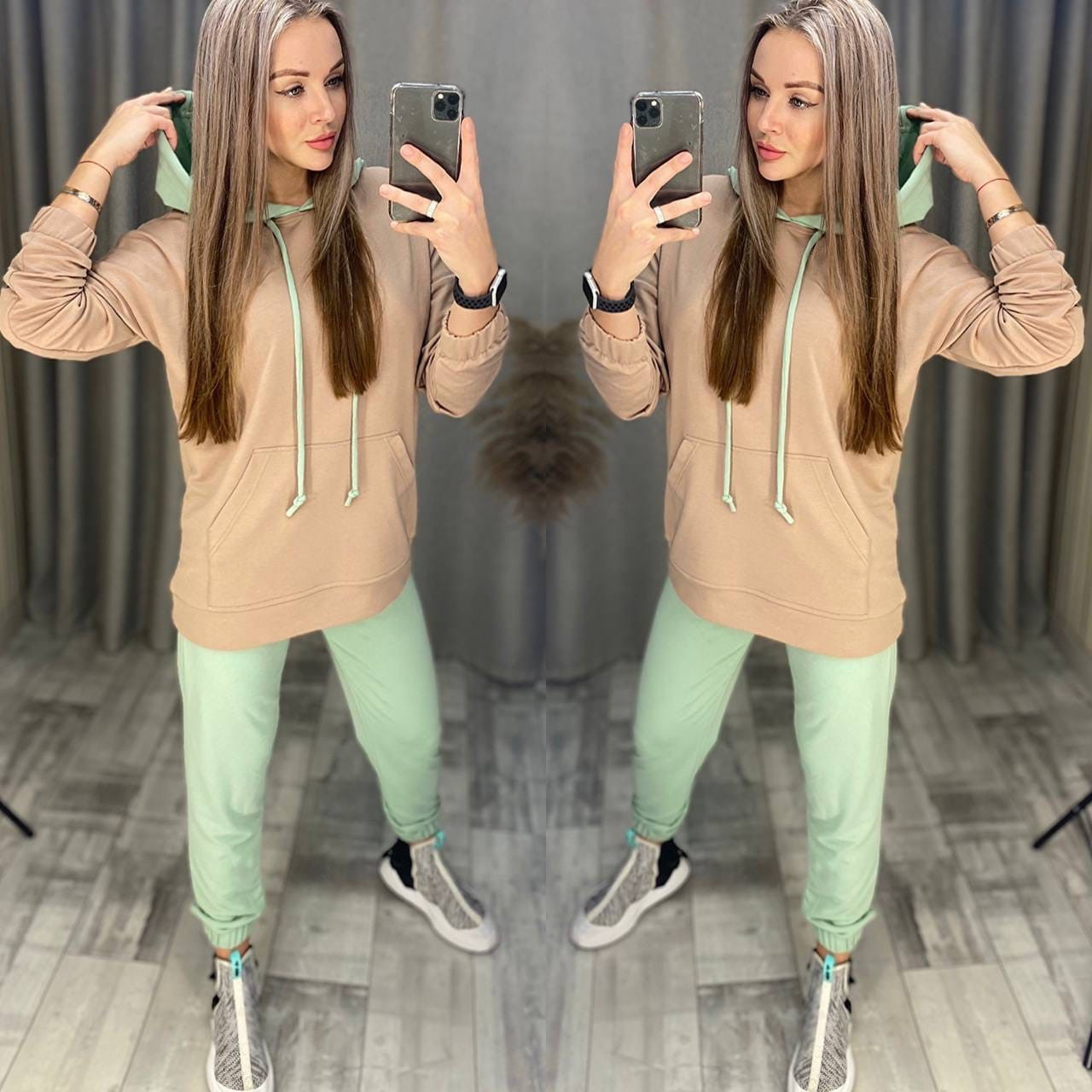 Спортивний костюм двоколірний подовжений худі з капюшоном і штанами джогерами прогулянковий (р. S, M) 52051222, фото 1