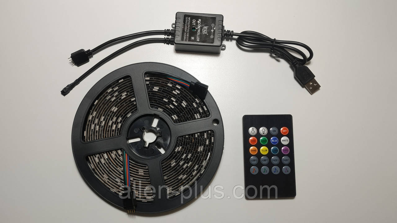 Світлодіодна стрічка RGB з пультом, USB, 5 м (5V/5050/RGB)(7373)