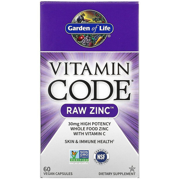 Сирий цинк з вітаміном С, Garden of Life, Vitamin Code "Raw Zinc" 30 мг (60 веганських капсул), фото 1