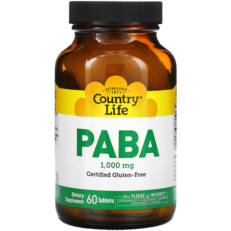 Пара-амінобензойна кислота Country Life "PABA" тривале вивільнення, 1000 мг (60 таблеток)