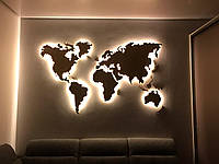 Деревянная карта Мира с LED подсветкой (Холодная) и гравировкой XXL-250x150 см