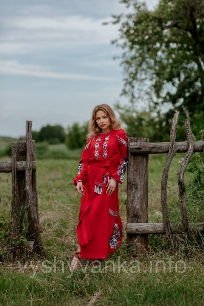 Довге лляне червоне плаття-вишиванка, арт. 4531