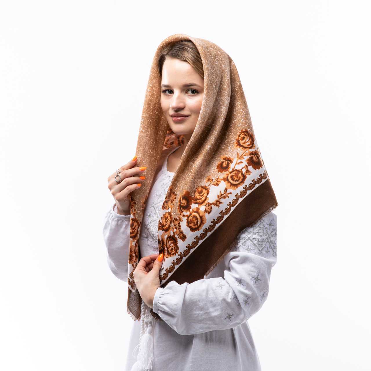 Хустка з віскози з квітковим принтом 100х100см Світло-коричнева, фото 1