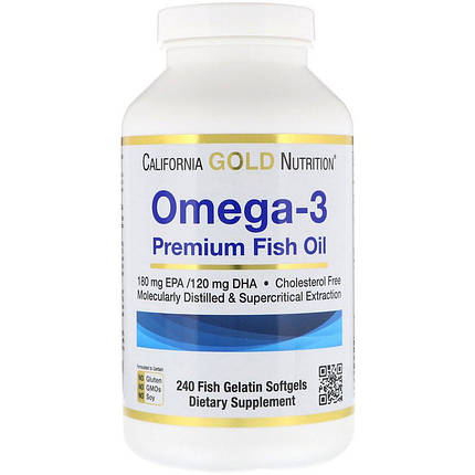 Жирні кислоти омега-3 California Gold Nutrition Omega-3 Premium Fish Oil 2000 мг 240 капс., фото 1