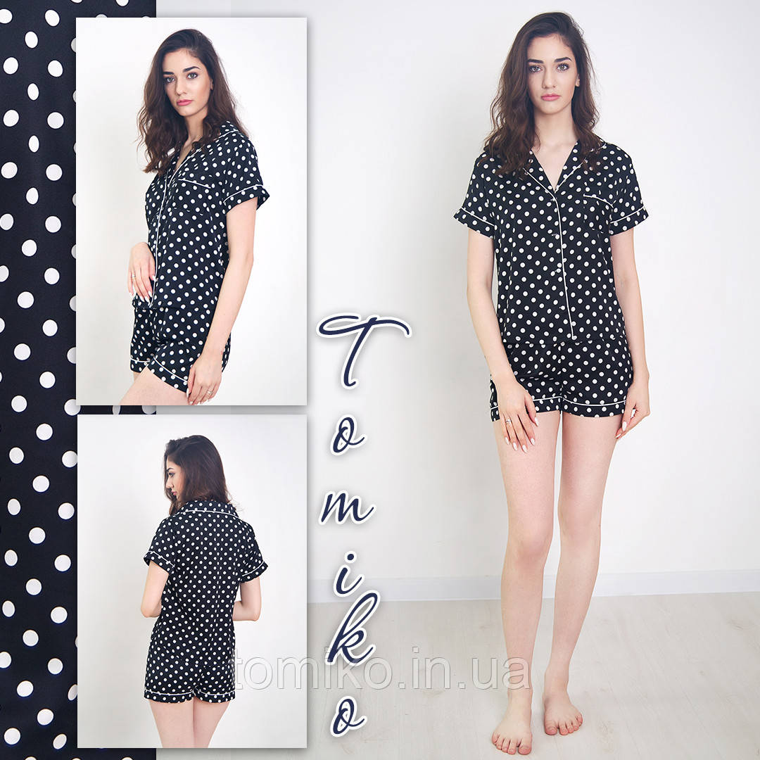 Піжама шовкова для дівчини сорочка з шортами горошок, фото 1